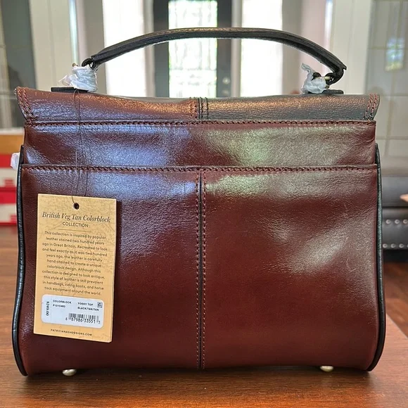 Patricia Nash Black and Brown Leather Satchel with Gold Clasp - Picture 2 of 8